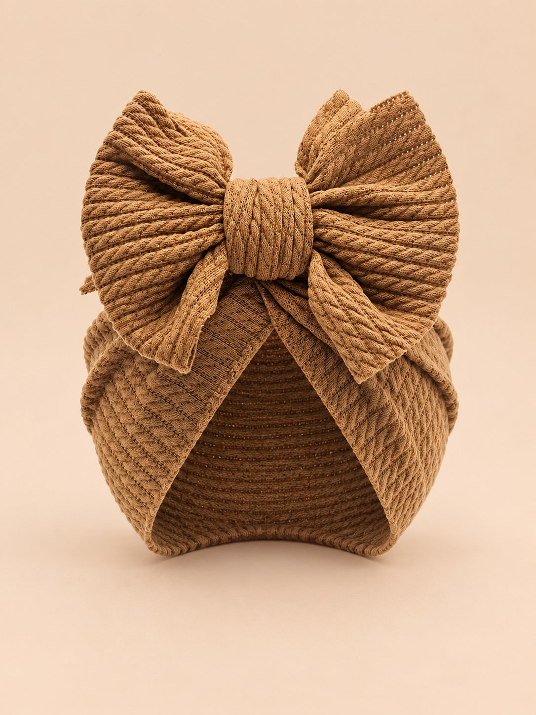Bonnet turban bébé fille assorti mère-enfant, café, modèle à nœud, vue de face