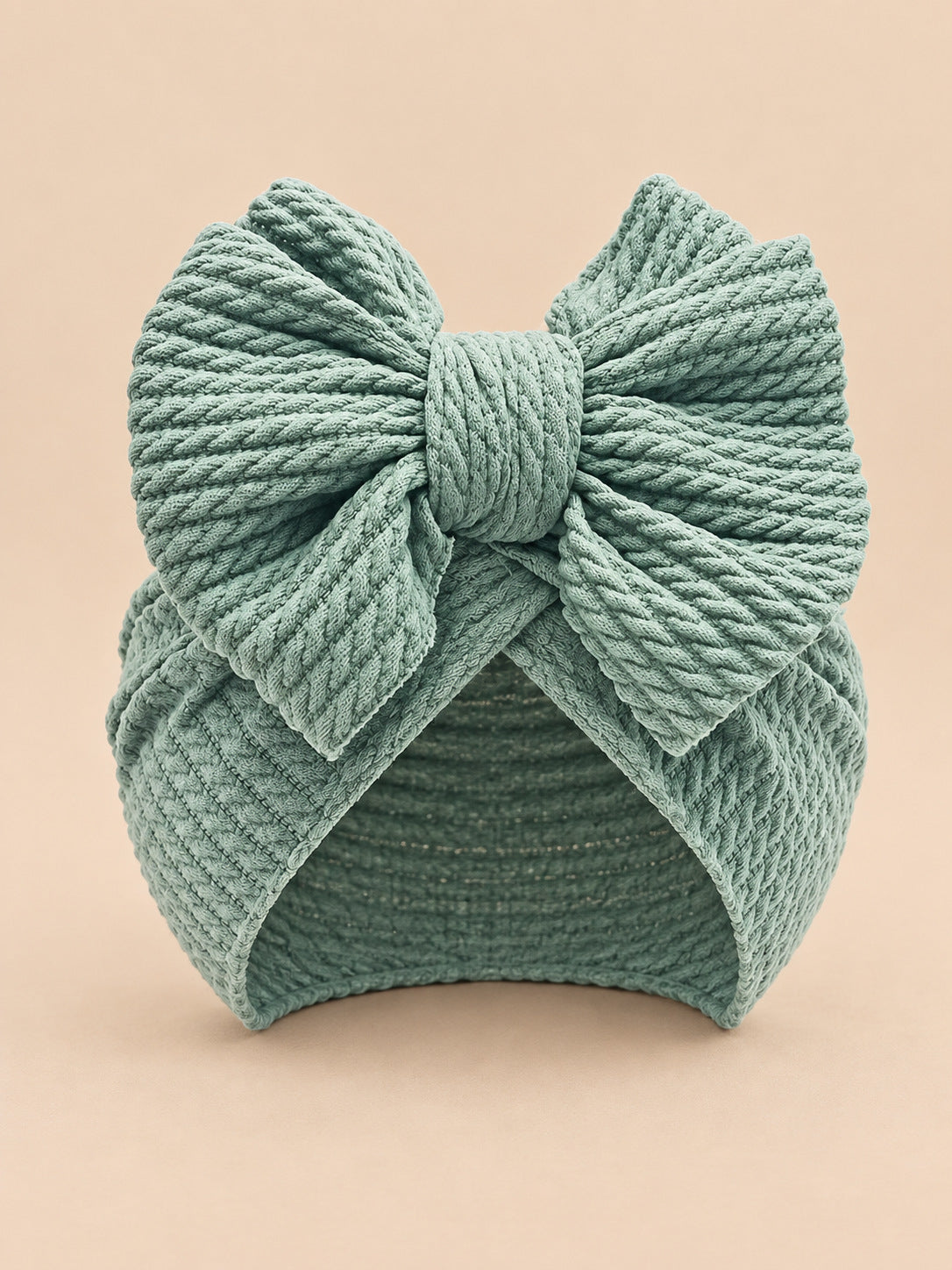 Bonnet turban bébé fille assorti mère-enfant, vert, modèle à nœud, vue de face