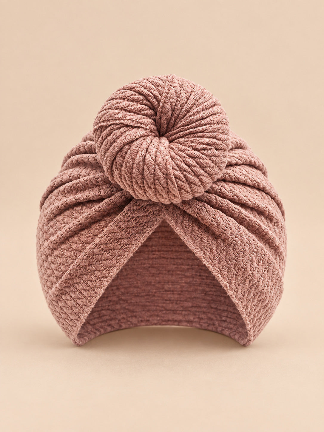 Bonnet turban bébé fille assorti mère-enfant, vieux rose, modèle à rosace, vue de face