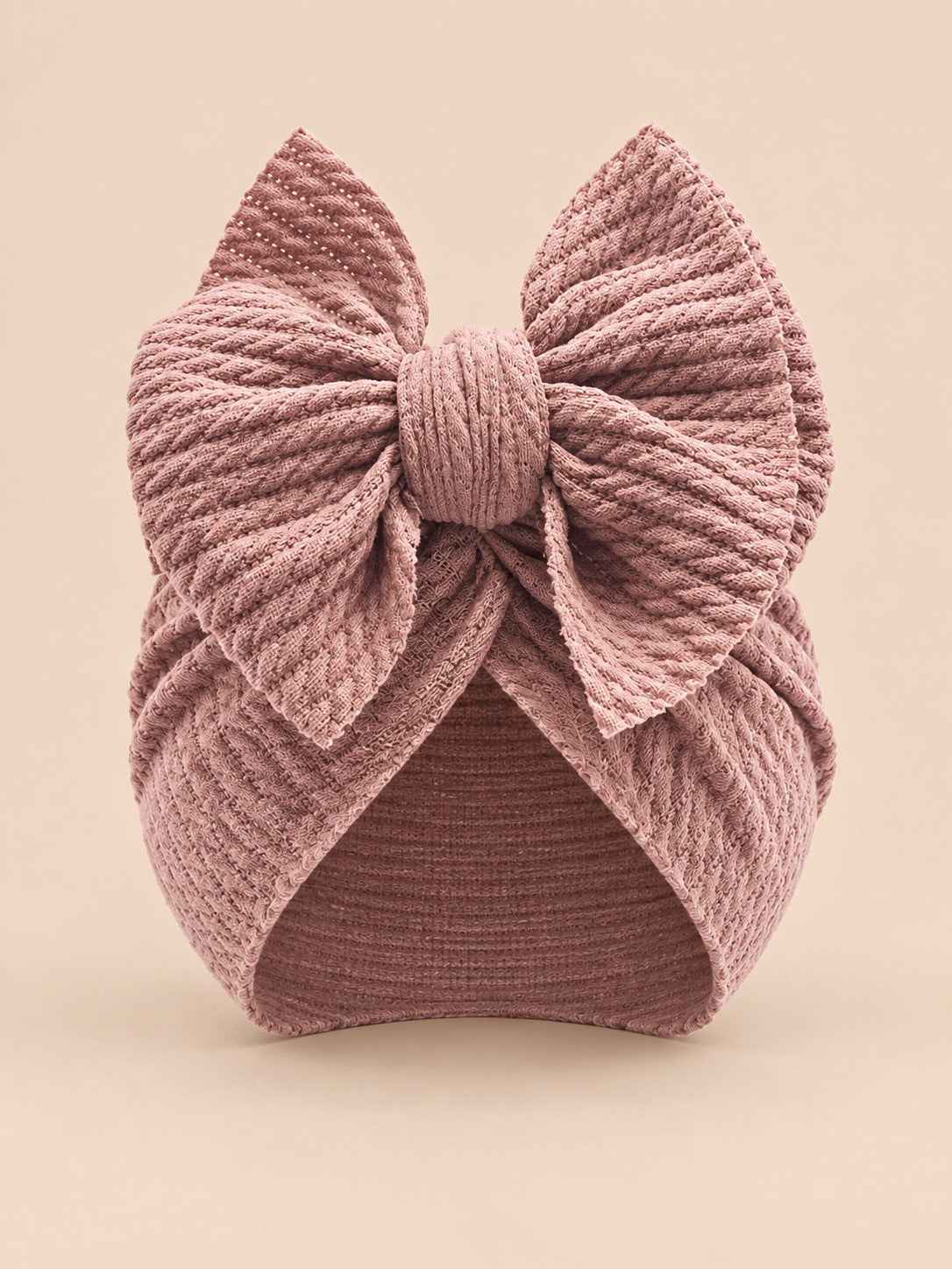 Bonnet turban bébé fille assorti mère-enfant, vieux rose, modèle à nœud, vue de face