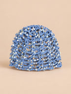 Gorro vintage calado con lentejuelas para viajar, color azul, vista frontal en la fotografía del producto